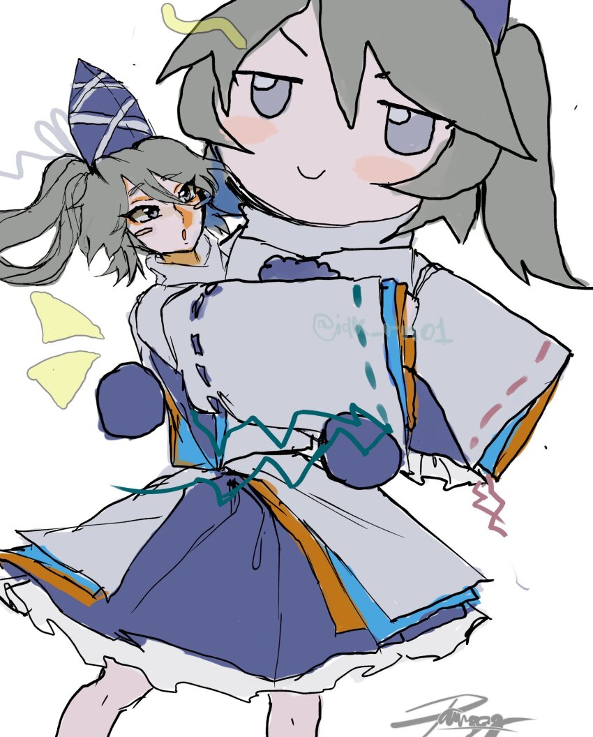 1girl, blue_hat, commentary, commission, english_commentary, fumo_(doll), grey_eyes, grey_hair