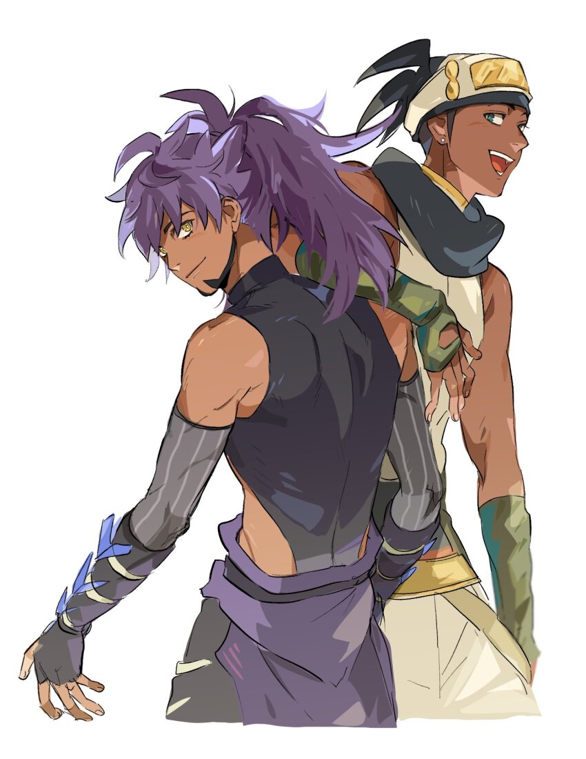 2boys, :d, aqua_eyes, black_bodysuit, bodysuit, ch_walnut, closed_mouth, dark-skinned_male