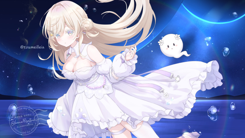 1girl, bare_shoulders, blush, braid, breasts, bun_with_braided_base, cleavage, cleavage_cutout