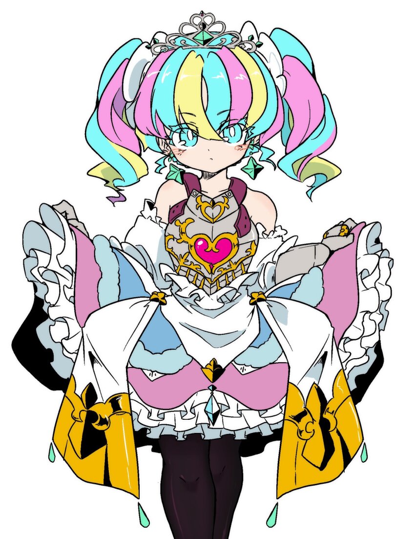 1girl, aqua_eyes, aqua_hair, armor, bare_shoulders, black_pantyhose, blonde_hair, blush, breastplate, clothes_lift, earrings, etrian_odyssey, feet_out_of_frame, gauntlets, hair_between_eyes, highres, jewelry, long_hair, multicolored_hair, omusubi5498, pantyhose, pink_hair, sekaiju_no_meikyuu, sekaiju_no_meikyuu_3, sekaiju_no_meikyuu_hd, skirt, skirt_lift, solo, sovereign_(sekaiju), sovereign_5_(sekaiju), tiara, twintails