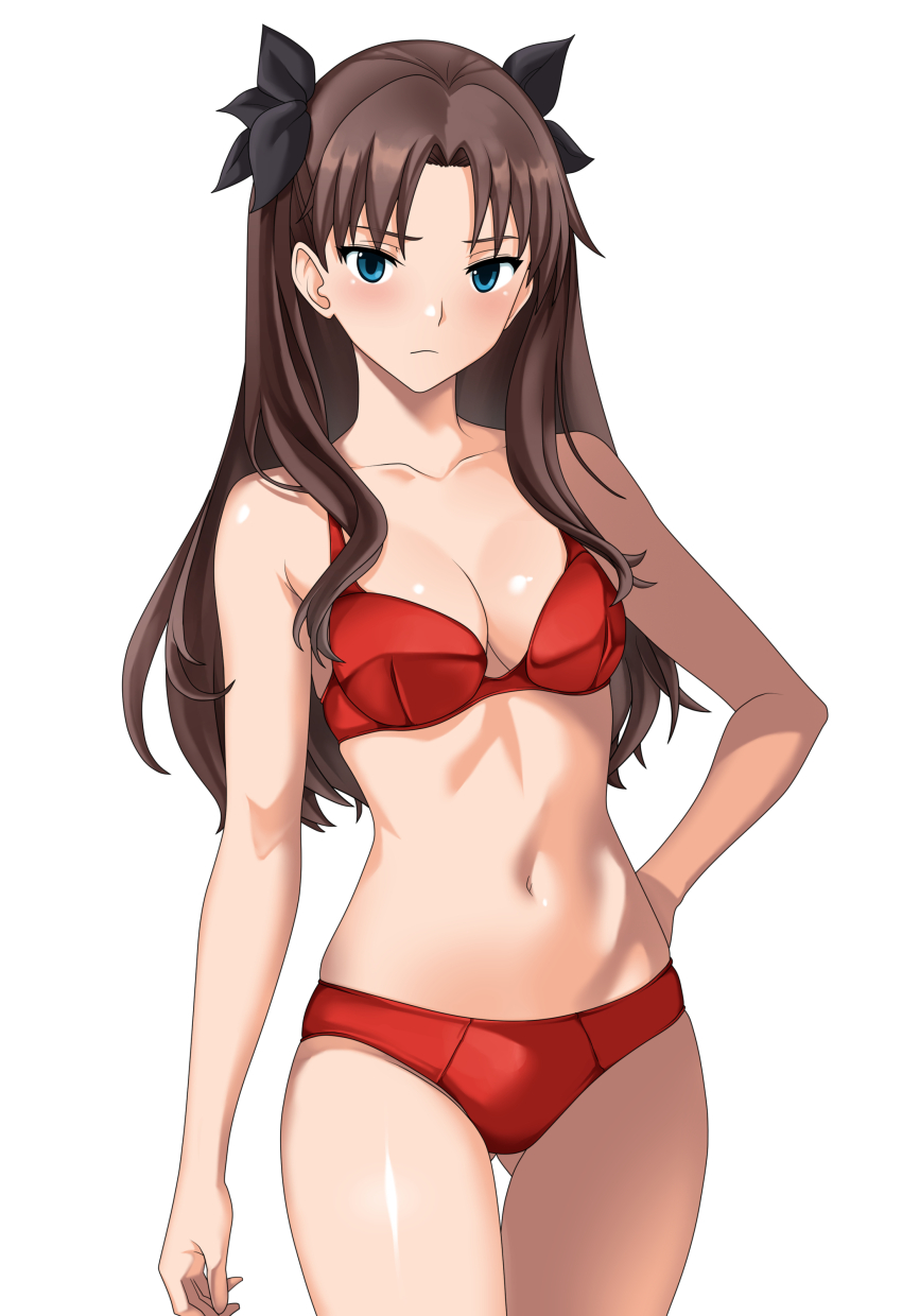 1girl, absurdres, blue_eyes, bra, breasts, brown_hair, closed_mouth, cowboy_shot