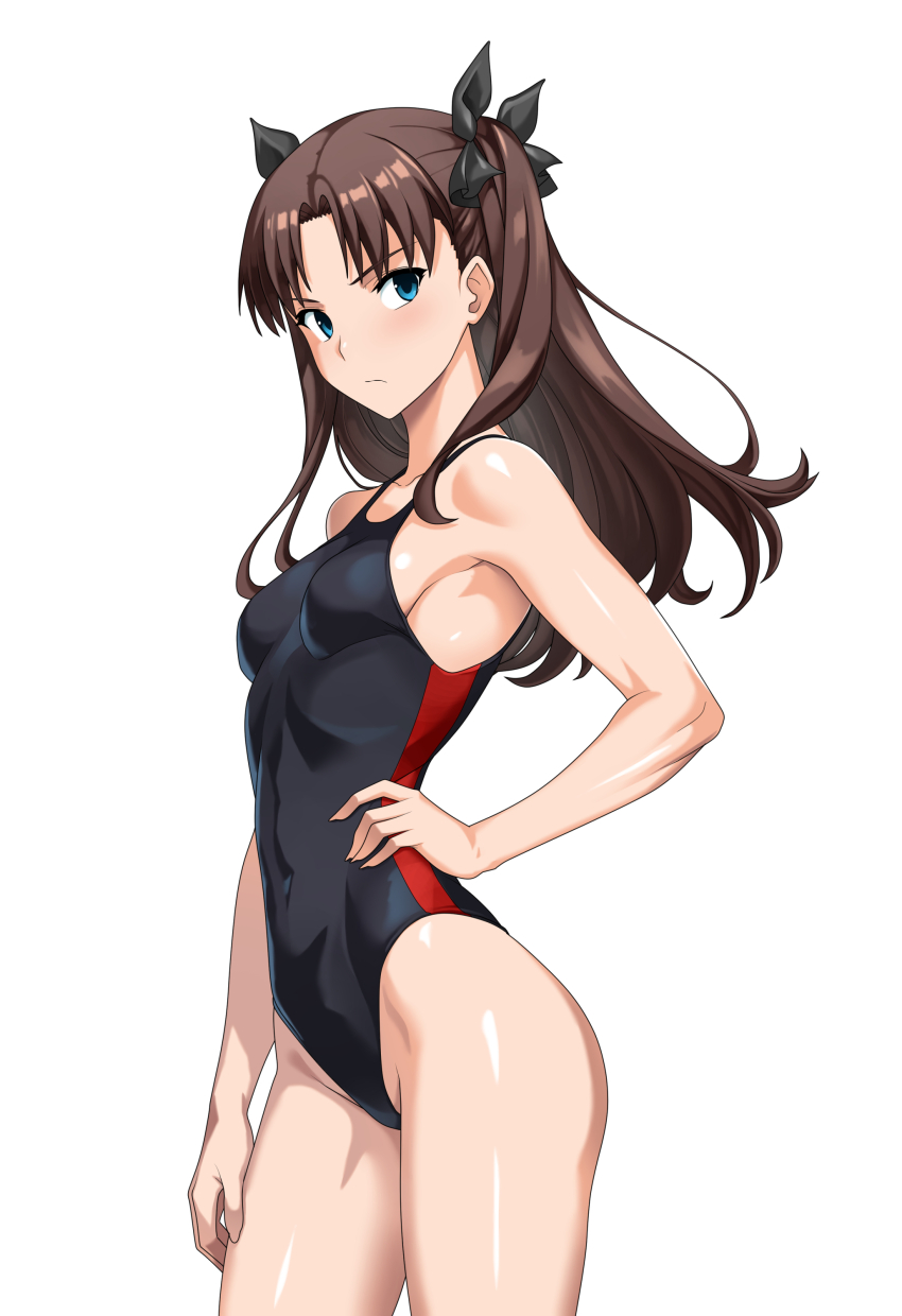 1girl, absurdres, blue_eyes, breasts, brown_hair, competition_swimsuit, covered_navel, cowboy_shot