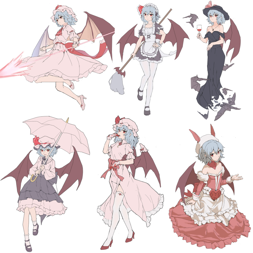 1girl, absurdres, alcohol, alternate_costume, alternate_hair_length, alternate_hairstyle, apron, ascot, bare_shoulders, bat_(animal), bat_wings, beret, black_bow, black_bowtie, black_dress, black_shoes, blood_on_gloves, blue_hair, bow, bowtie, brooch, broom, collar, commentary, cup, detached_collar, detached_sleeves, dress, drinking_glass, english_commentary, enmaided, fang, frilled_apron, frilled_dress, frills, full_body, fur-trimmed_dress, fur-trimmed_sleeves, fur_trim, gloves, hair_between_eyes, hat, hat_ribbon, heart, high_heels, highres, holding, holding_broom, holding_cup, holding_polearm, holding_umbrella, holding_weapon, jewelry, long_sleeves, looking_at_viewer, maid, maid_apron, maid_headdress, mary_janes, medium_hair, mob_cap, multiple_views, necklace, off-shoulder_dress, off_shoulder, official_alternate_costume, open_mouth, pink_dress, pink_gloves, pink_hat, pink_shirt, pink_shoes, pink_thighhighs, polearm, puffy_long_sleeves, puffy_short_sleeves, puffy_sleeves, red_ascot, red_bow, red_collar, red_dress, red_eyes, red_ribbon, red_sash, red_shoes, remilia_scarlet, ribbon, sash, shirt, shoes, short_hair, short_sleeves, simple_background, skirt, skirt_set, smile, spear, spear_the_gungnir, strange_creators_of_outer_world, strapless, strapless_dress, thighhighs, touhou, umbrella, waist_apron, weapon, white_apron, white_background, wine, wine_glass, wings, wrist_cuffs, youpofen