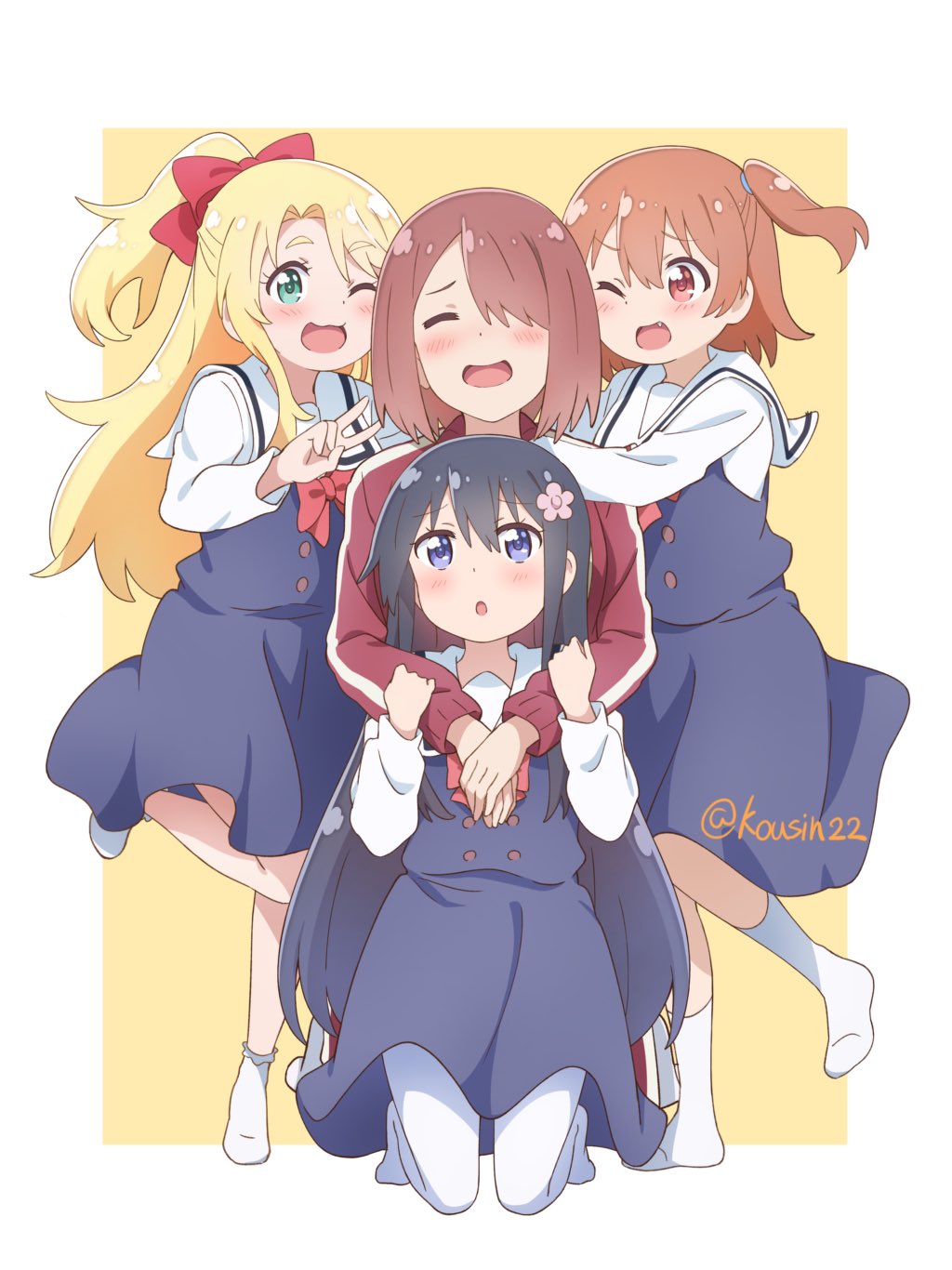 4girls, :o, ;3, ;d, black_hair, blonde_hair, blue_dress, blue_eyes