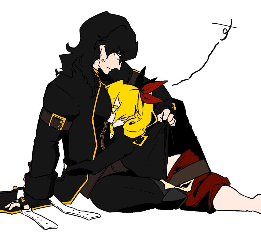 1boy, 1girl, anger_vein, between_pecs, between_pectorals, black_coat, black_hair, black_shirt