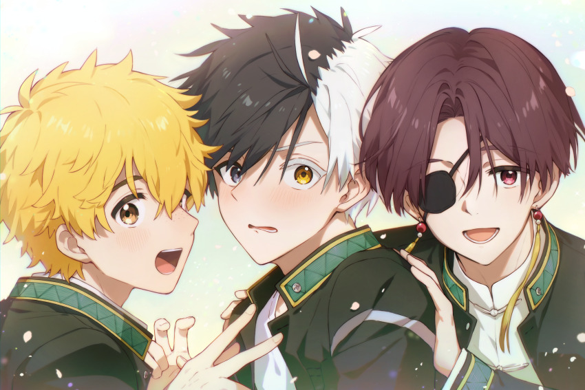 3boys, :d, absurdres, black_hair, black_jacket, blonde_hair, brown_hair, ciaociaovita