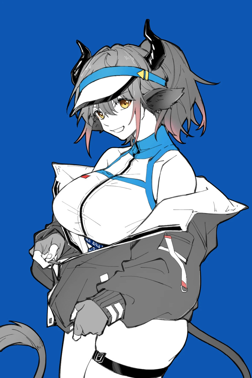 1girl, :d, animal_ears, arknights, bare_shoulders, breasts, chinese_commentary, commentary_request