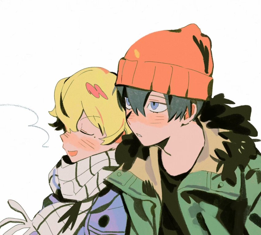 2boys, bakori514_(h_akka), beanie, black_fur, black_hair, black_shirt, blonde_hair, blue_coat, blue_eyes, blush, boukyaku_battery, closed_eyes, coat, crew_neck, fur-trimmed_hood, fur_trim, green_coat, hair_between_eyes, hat, highres, hood, hooded_coat, jitome, kaname_kei, kiyomine_haruka, looking_up, male_focus, mole, mole_under_eye, multiple_boys, open_clothes, open_coat, open_mouth, parted_lips, patterned_clothing, red_hat, scarf, shirt, short_hair, side-by-side, simple_background, upper_body, white_background, white_scarf
