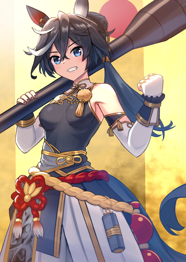 2girls, animal_ears, black_hair, blue_eyes, breasts, clenched_hand, commentary_request, fingerless_gloves