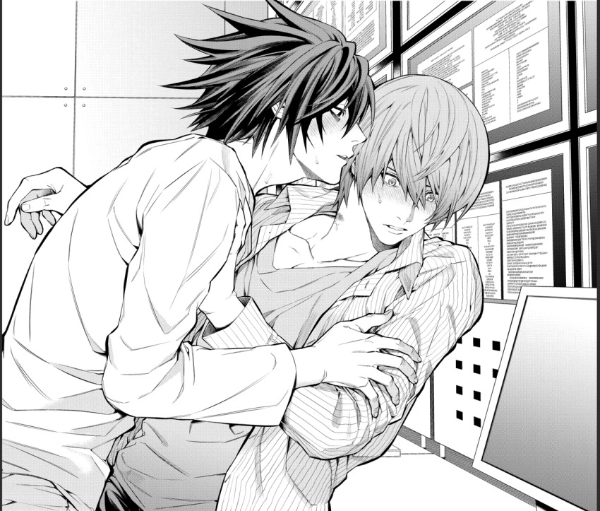 2boys, blush, collarbone, collared_shirt, death_note, greyscale, hair_between_eyes, hand_on_another's_arm