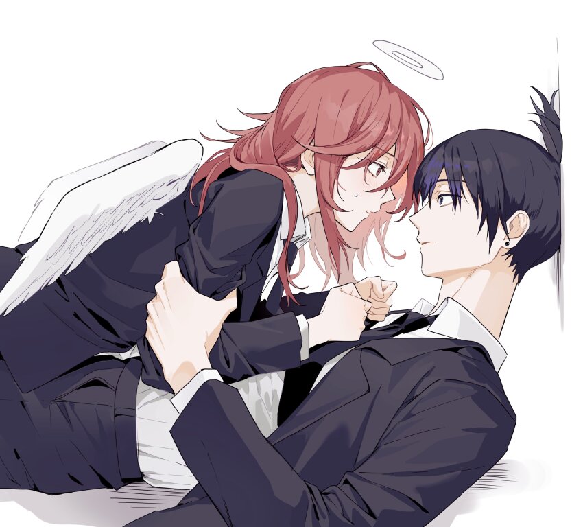 2boys, 5_taku, absurdres, against_wall, angel, angel_devil_(chainsaw_man), angel_wings, black_hair, black_necktie, black_suit, boy_on_top, chainsaw_man, eye_contact, feathered_wings, formal_clothes, from_side, halo, hand_on_another's_arm, hayakawa_aki, highres, long_sleeves, looking_at_another, lying, male_focus, medium_hair, multiple_boys, necktie, on_back, parted_lips, pink_hair, ponytail, shirt, short_hair, short_ponytail, simple_background, suit, teeth, trap, white_background, wings, yaoi