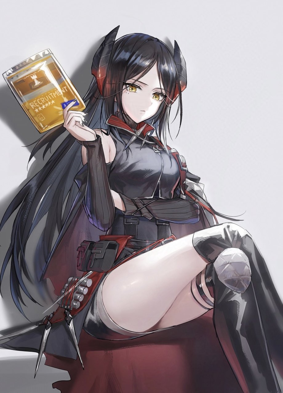 1girl, arknights, arm_under_breasts, bare_shoulders, black_hair, black_horns, black_nails, black_shirt, black_thighhighs, closed_mouth, commentary_request, crossed_legs, expressionless, feet_out_of_frame, fingernails, grey_background, highres, holding, horns, ines_(arknights), long_hair, long_sleeves, looking_at_viewer, mole, mole_under_eye, multiple_moles, nail_polish, over-kneehighs, parted_bangs, pimi, pouch, shadow, shirt, simple_background, sitting, solo, star_(symbol), thighhighs