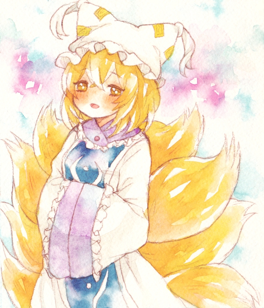 1girl, blonde_hair, blue_tabard, blush, commentary, cowboy_shot, crossed_bangs, dress, fox_girl, fox_tail, frilled_hat, frilled_sleeves, frills, hair_between_eyes, hands_in_opposite_sleeves, hat, highres, long_sleeves, mob_cap, multiple_tails, open_mouth, ringo_(gatt8883), simple_background, solo, tabard, tail, touhou, white_dress, white_hat, wide_sleeves, yakumo_ran, yellow_eyes