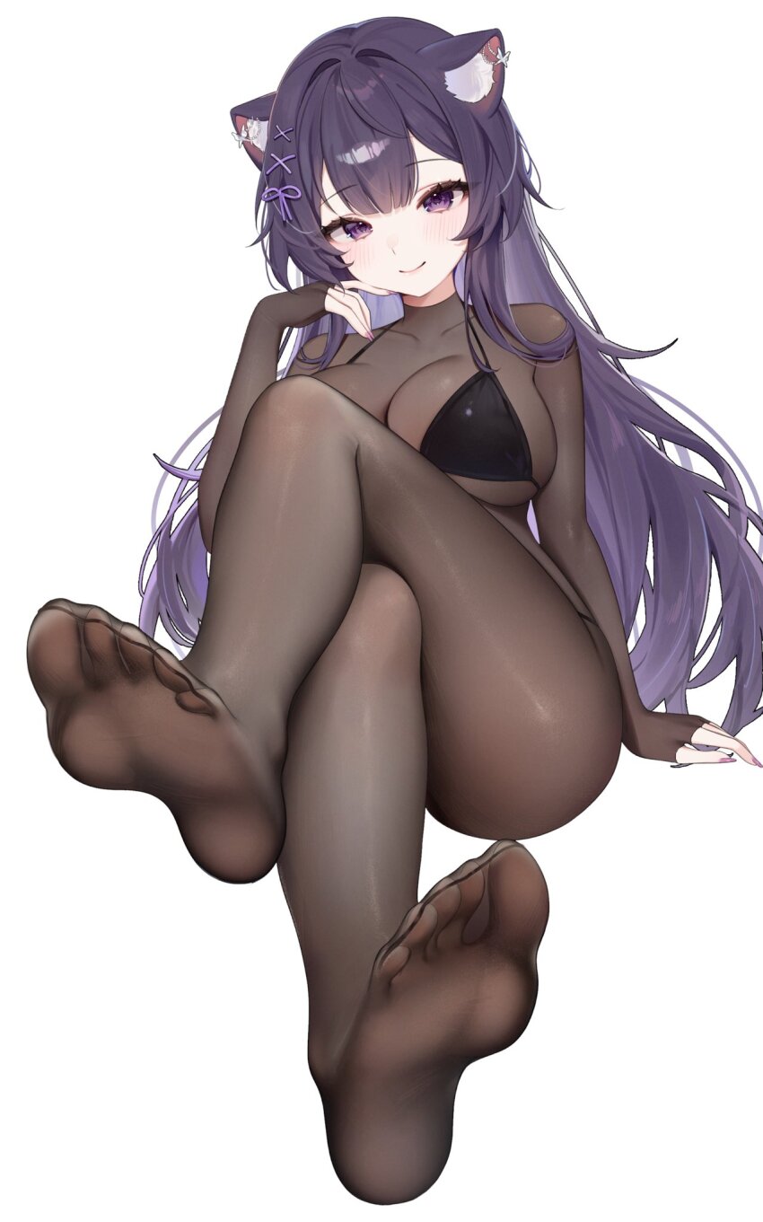 1girl, animal_ear_fluff, animal_ears, bikini, black_bikini, blush, bodystocking, breasts, cat_ears, cat_girl, center-flap_bangs, closed_mouth, commission, crossed_legs, double-parted_bangs, feet, fingernails, foot_focus, foreshortening, highres, indie_virtual_youtuber, invisible_chair, large_breasts, legs, long_fingernails, long_hair, looking_at_viewer, maeko_(vtuber), miyuchiq, nail_polish, no_shoes, presenting_foot, purple_eyes, purple_hair, purple_nails, simple_background, sitting, skindentation, smile, soles, solo, swimsuit, thighs, toes, very_long_hair, virtual_youtuber, white_background