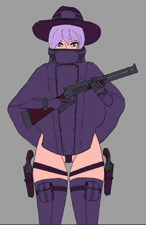 1girl, cowboy_hat, crotch_strap, female_focus, grey_background, gun, handgun, hat, holding, holding_gun, holding_weapon, holster, lever_action, martyr_(the_citadel), matching_hair/eyes, poncho, pouch, purple_eyes, purple_hair, purple_hat, purple_poncho, revolver, simple_background, skeletoncrusadr, solo, solo_focus, standing, the_citadel, thigh_pouch, thigh_strap, thighhighs, weapon
