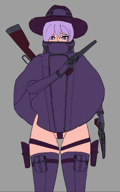 1girl, cowboy_hat, crotch_strap, female_focus, grey_background, gun, handgun, hat, holding, holding_gun, holding_pistol, holding_revolver, holding_weapon, holster, lever_action, martyr_(the_citadel), matching_hair/eyes, poncho, pouch, purple_eyes, purple_hair, purple_hat, purple_poncho, revolver, simple_background, skeletoncrusadr, solo, solo_focus, standing, the_citadel, thigh_pouch, thigh_strap, thighhighs, weapon