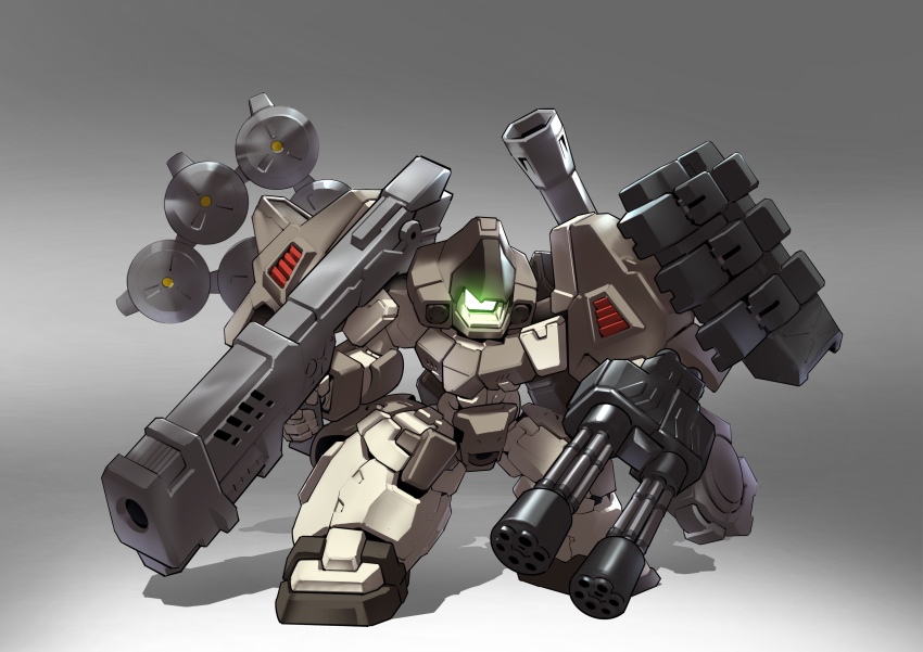 absurdres, bazooka_(gundam), chibi, chinese_commentary, commentary_request, full_body, gatling_gun, grey_background