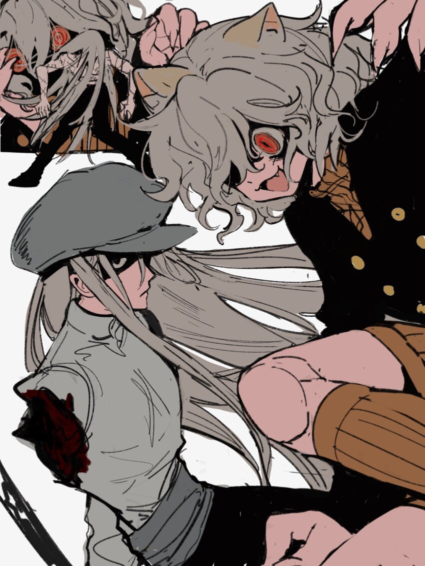 1boy, 1other, amputee, animal_ears, brown_socks, cat_ears, claws, grey_hair