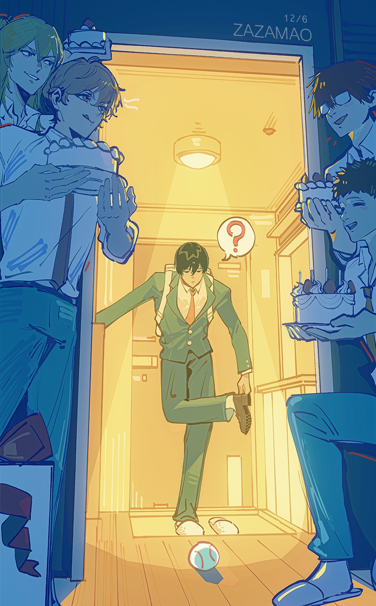 5boys, :d, ?, artist_name, baseball, black_hair, blonde_hair, boukyaku_battery