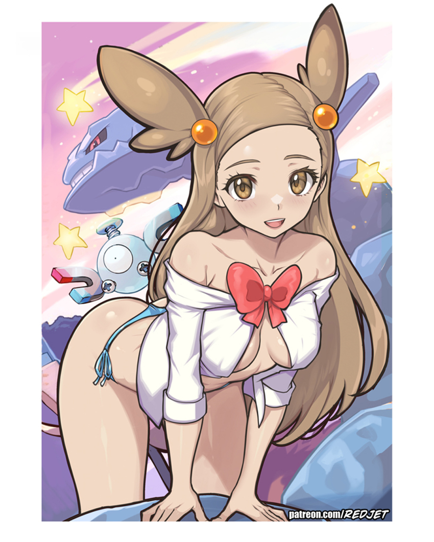 1girl, :d, arm_support, artist_name, bare_shoulders, bent_over, bikini, bikini_bottom_only