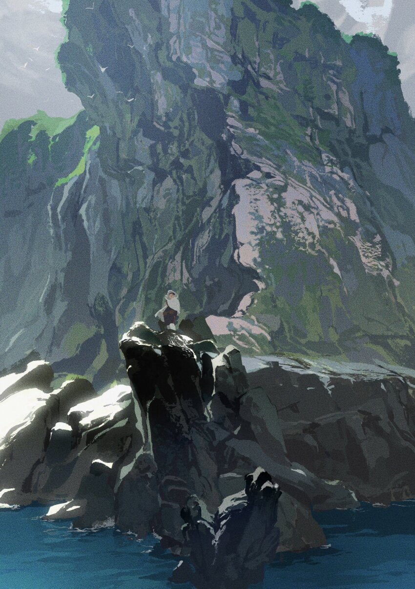 1boy, black_hair, blue_jacket, blue_pants, cliff, cloak, day, gaiters