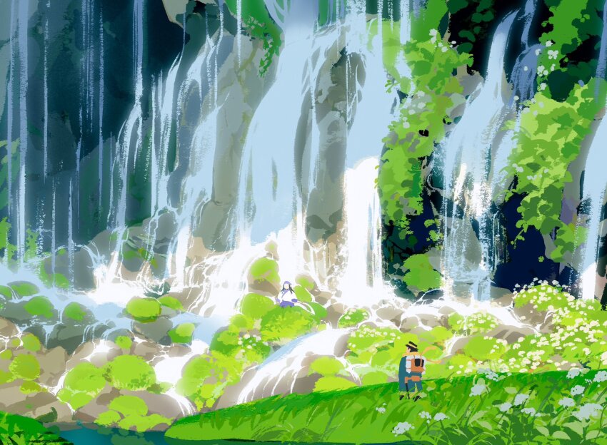 1boy, 1girl, ainu_clothes, asirpa, backpack, bag, bandana, black_hair, black_hat, blue_bandana, blue_jacket, day, flower, gkyoyo00, golden_kamuy, grass, hat, highres, jacket, kepi, long_hair, military_hat, military_uniform, nature, outdoors, plant, rock, scenery, sugimoto_saichi, water, waterfall, white_flower, wide_shot