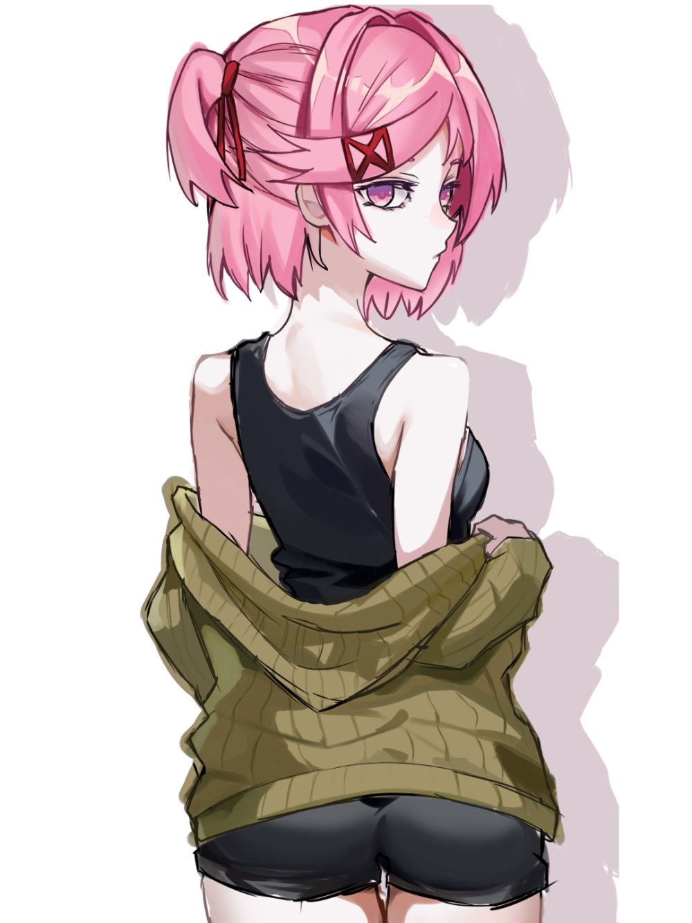 1girl, ass, bare_shoulders, black_shorts, black_tank_top, bob_cut, breasts, brown_cardigan, cardigan, closed_mouth, commentary, cowboy_shot, doki_doki_literature_club, dressing, drop_shadow, english_commentary, expressionless, eyelashes, from_behind, hair_intakes, hair_ornament, hair_ribbon, highres, looking_at_viewer, looking_back, natsuki_(doki_doki_literature_club), nerunemuteto, off_shoulder, open_cardigan, open_clothes, pink_eyes, pink_hair, red_ribbon, ribbed_cardigan, ribbon, short_hair, shorts, small_breasts, solo, swept_bangs, tank_top, two_side_up, white_background, x_hair_ornament