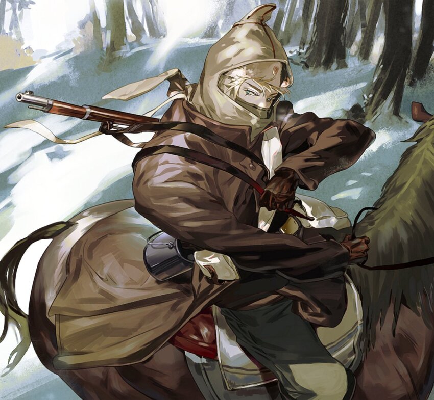 1boy, blonde_hair, blue_eyes, bolt_action, brown_coat, brown_gloves, brown_pants, coat