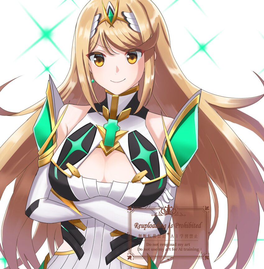 1girl, absurdres, arms_up, bare_shoulders, blonde_hair, breasts, chest_jewel, cleavage