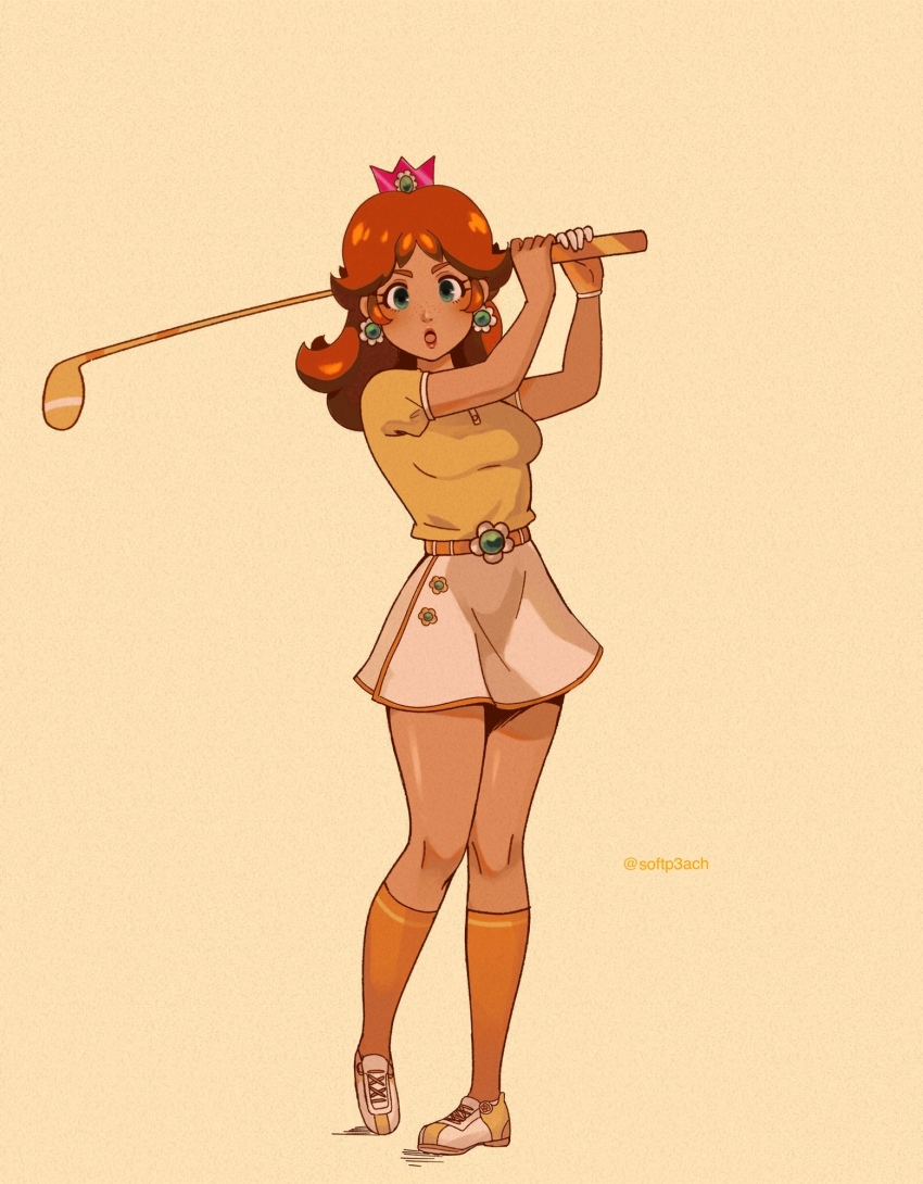 1girl, blue_eyes, breasts, crown, earrings, flower-shaped_buckle, flower_earrings, full_body, gloves, golf_club, highres, holding, holding_golf_club, jewelry, long_hair, looking_at_viewer, mario_(series), mario_golf, mario_golf:_super_rush, medium_breasts, mini_crown, miniskirt, nintendo, orange_hair, orange_socks, parted_lips, princess_daisy, shirt, shoes, short_sleeves, single_glove, skirt, sneakers, socks, softp3ach, solo, twitter_username, white_skirt, yellow_shirt