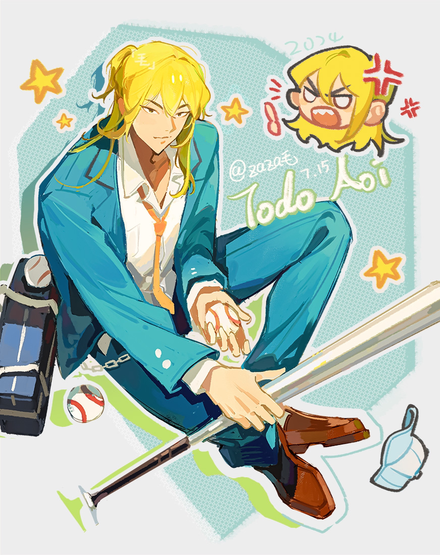 1boy, anger_vein, artist_name, bag, ball, baseball_(object), baseball_bat, baseball_cap