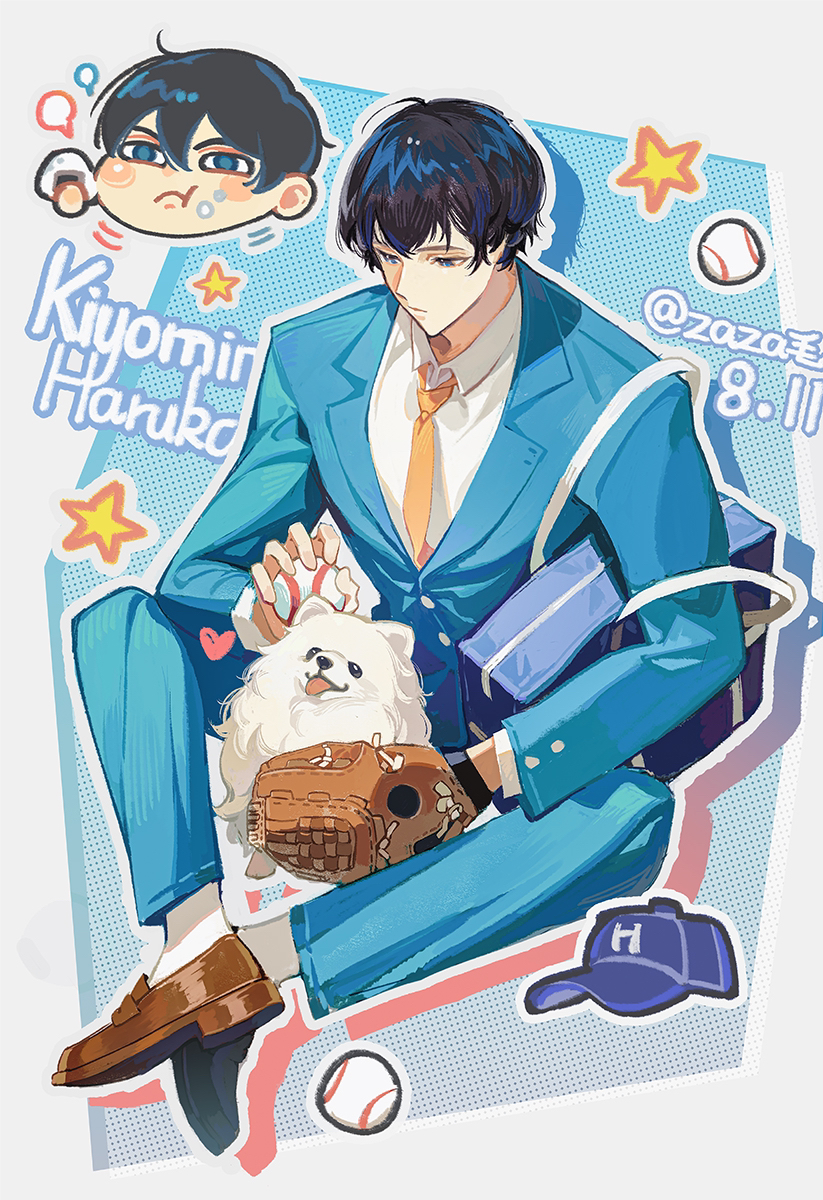 1boy, artist_name, bag, baseball, baseball_cap, baseball_glove, black_eyes, black_hair