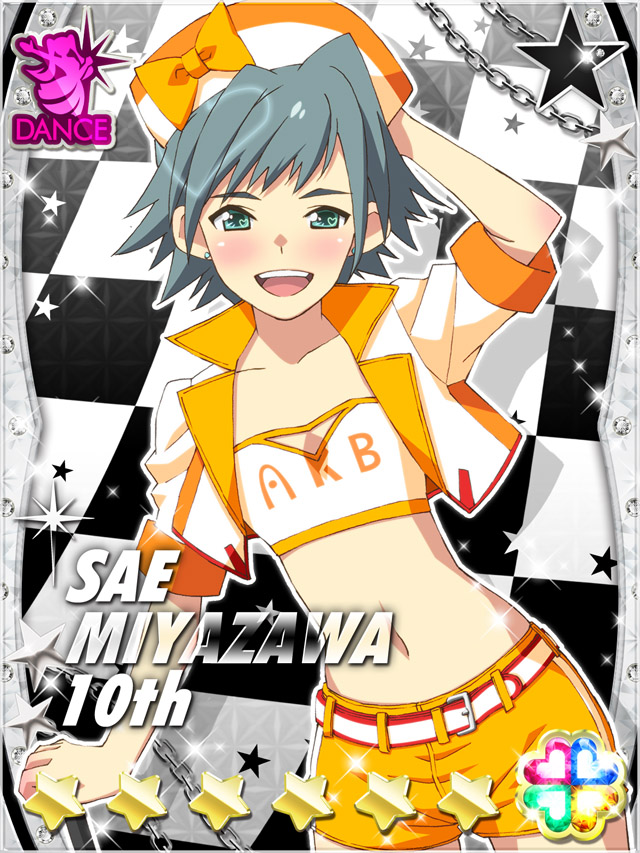 1girl, :d, akb0048, arm_behind_head, bandeau, belt, belt_buckle, blush, bow, buckle, card_(medium), character_name, checkered_background, cowboy_shot, cropped_jacket, ear_piercing, green_eyes, green_hair, hat, hat_bow, heart, jacket, looking_at_viewer, midriff, miyazawa_sae_(akb0048), navel, non-web_source, official_art, open_clothes, open_jacket, open_mouth, orange_bow, orange_shorts, piercing, race_queen, short_hair, short_sleeves, shorts, smile, solo, sparkle, standing, star_(symbol), teeth, upper_teeth_only, white_bandeau