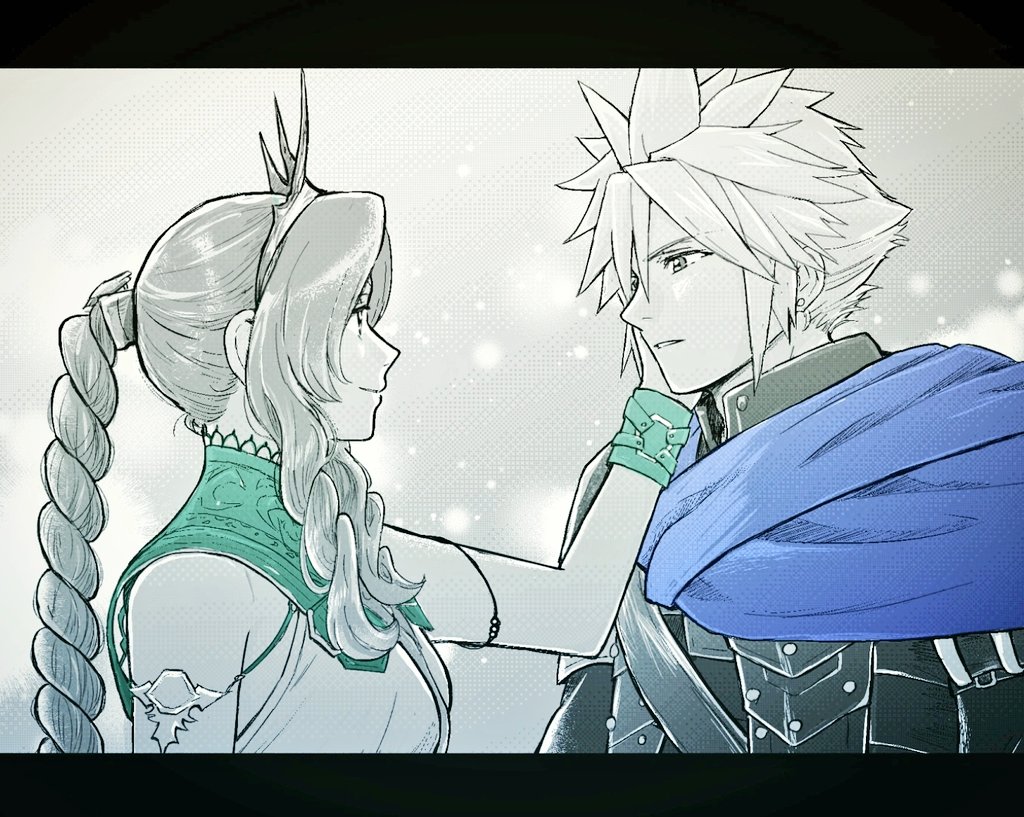 1boy, 1girl, aerith_gainsborough, aerith_gainsborough_(loveless_dress), ameiro0814, armlet, armor, blue_cloak