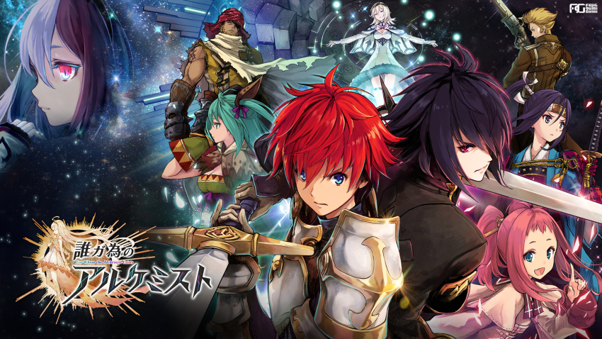 4boys, 5girls, :d, agatha_(ta_ga_tame_no_alchemist), amane_(ta_ga_tame_no_alchemist), arm_tattoo, armor, blonde_hair