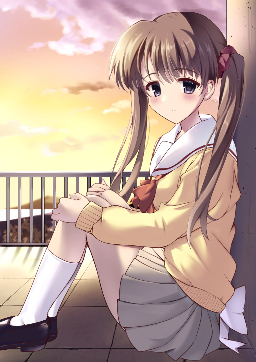 1girl, absurdres, black_footwear, bow, bowtie, brown_hair, cardigan, cloud, commentary_request, expressionless, from_side, full_body, grey_skirt, hair_ornament, hair_scrunchie, haruka_(haruk26a), highres, light_blush, long_hair, looking_at_viewer, outdoors, parted_lips, pleated_skirt, purple_eyes, red_bow, red_bowtie, red_scrunchie, rooftop, sailor_collar, school_uniform, scrunchie, serafuku, sitting, skirt, socks, solo, sumadera_yukio, sunset, tenshi_no_inai_12-gatsu, twintails, white_sailor_collar, white_socks, yellow_cardigan