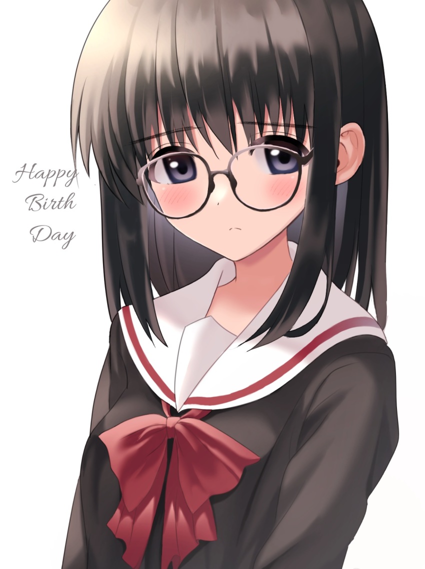 1girl, black_hair, black_shirt, blue_eyes, bow, bowtie, closed_mouth, english_text