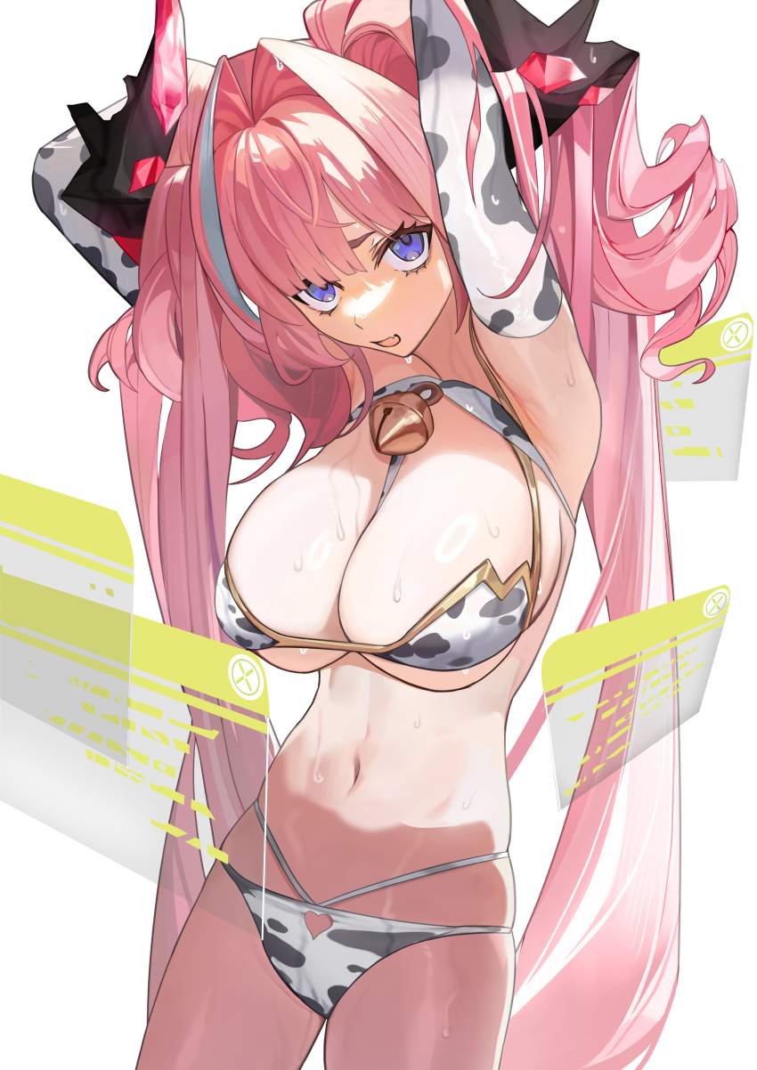 absurdres, animal_print, arknights, arknights:_endfield, armpits, arms_up, bell, bikini, black_horns, breasts, cleavage, cow_print, cow_print_bikini, cow_print_sleeves, cowbell, hands_in_own_hair, highres, horns, large_breasts, long_hair, pink_hair, pink_horns, print_bikini, purple_eyes, renleiwanyier, sweat, swimsuit, very_long_hair, window_(computing), yvonne_(arknights)