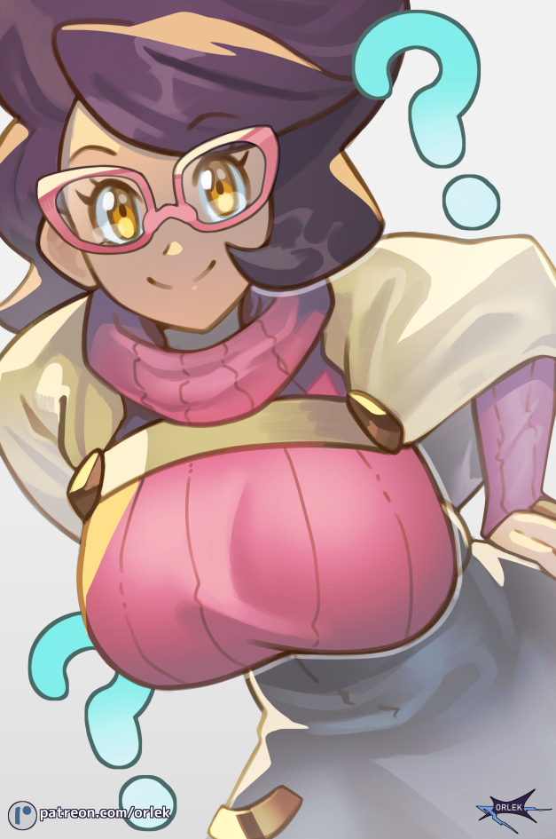 1girl, ?, alternate_eye_color, artist_name, bent_over, big_hair, breast_focus, breasts