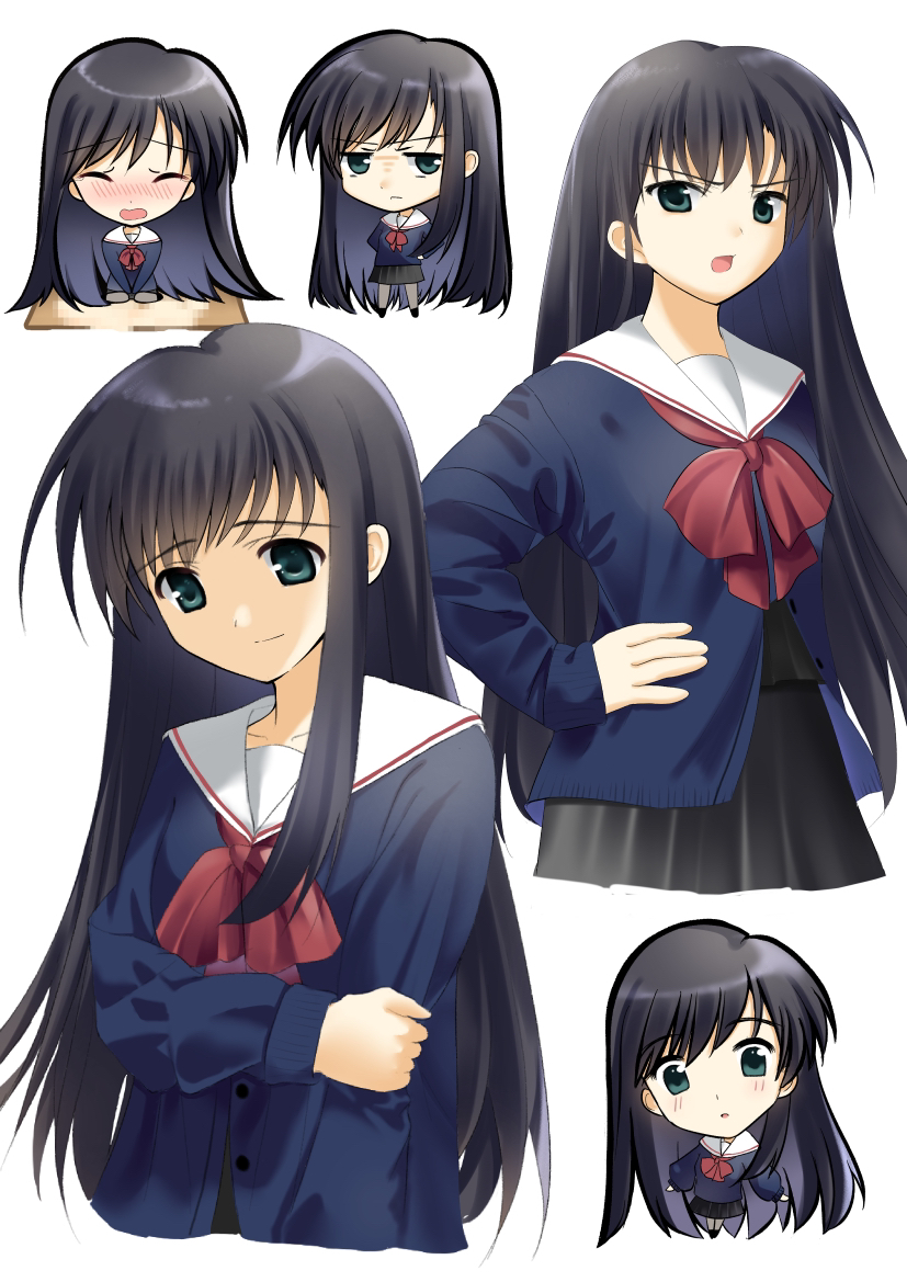 1girl, angry, black_footwear, black_hair, black_shirt, black_skirt, blue_cardigan, blush