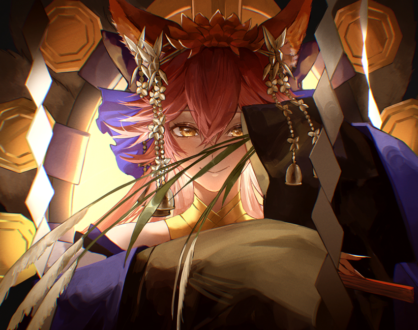 1girl, animal_ears, blue_kimono, blue_ribbon, closed_mouth, fate/extra, fate/grand_order, fate_(series)