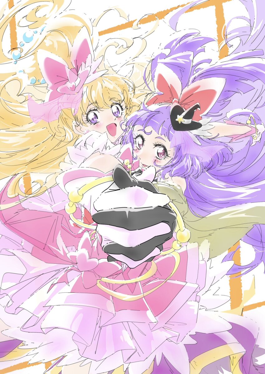 2girls, :d, asahina_mirai, black_hat, blonde_hair, blunt_bangs, blush, bow