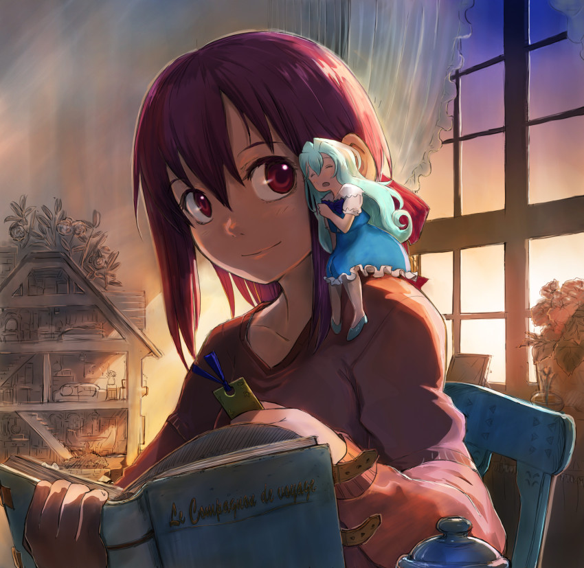 2girls, andersen's_fairy_tales, blue_hair, blush, book, bookmark, bow, braindrill