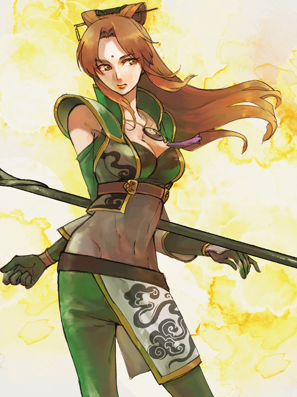 1girl, armor, breasts, brown_hair, cleavage, female_focus, gloves, hair_ornament