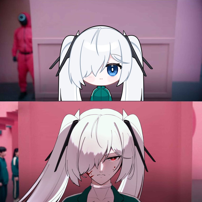 1girl, absurdres, alternate_costume, before_and_after, blood, blood_on_face, blue_eyes, chibi