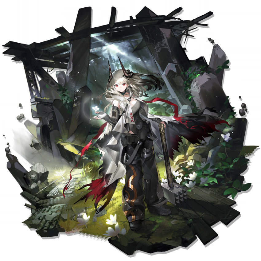 1girl, arknights, artist_request, baggy_pants, bare_shoulders, belt, black_belt, black_gloves