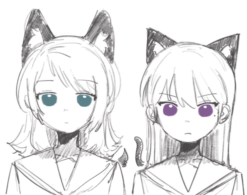 2girls, animal_ears, bang_dream!, bang_dream!_it's_mygo!!!!!, blue_eyes, cat_ears, cat_girl, cat_tail