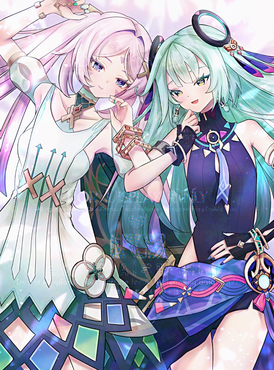 2girls, alternate_hairstyle, aqua_nails, bare_shoulders, black_leotard, blue_eyes, blue_nails, blush