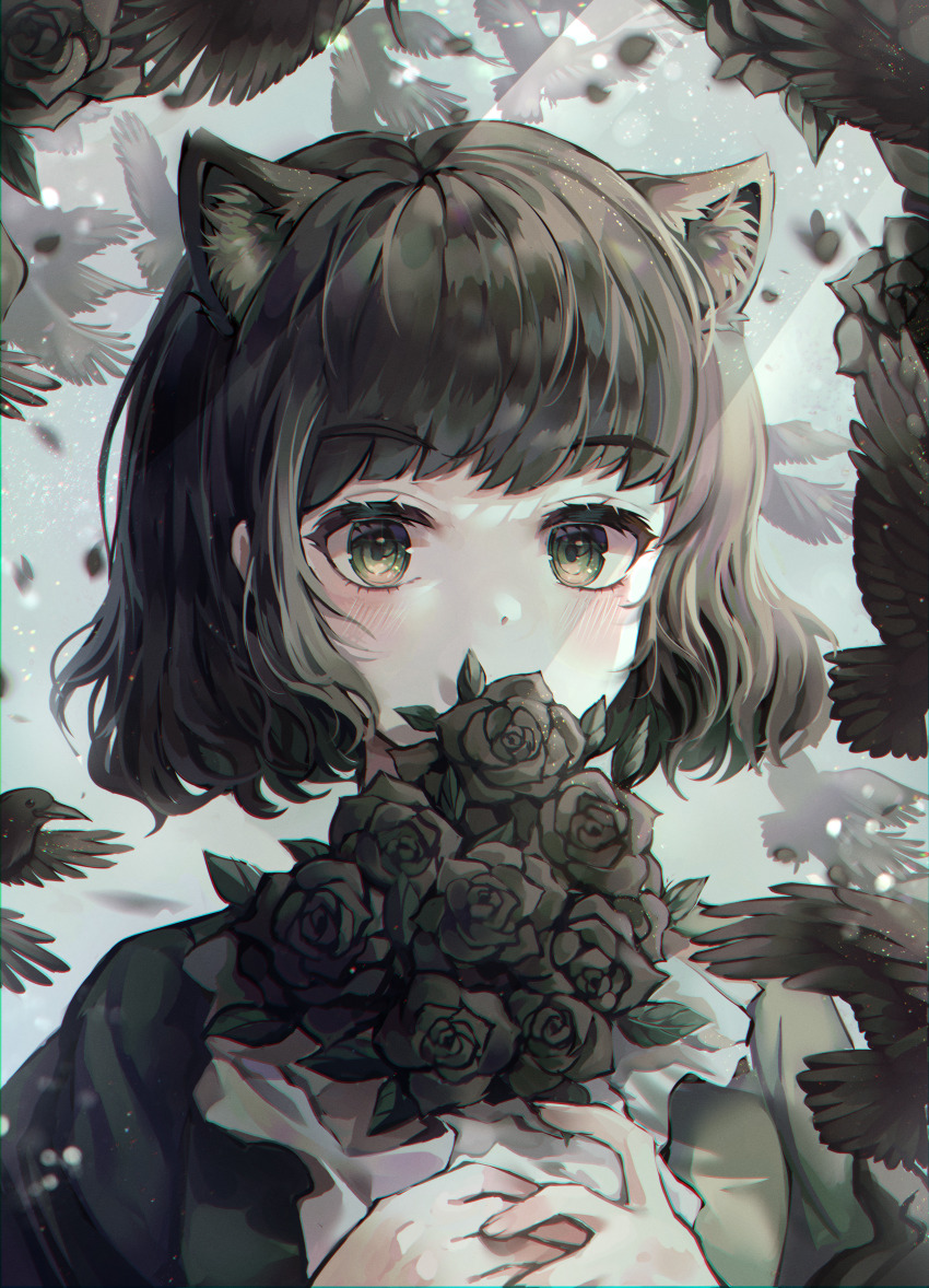 1girl, absurdres, animal_ears, black_flower, black_hair, black_jacket, black_rose, cat_ears, flower, green_eyes, green_sweater, highres, holding, holding_flower, jacket, looking_at_viewer, mabushii_dna_dake_(zutomayo), mirage_(rairudiseu), nira-chan, nira-chan_(mabushii_dna_dake)_(zutomayo), rose, sweater, upper_body, zutto_mayonaka_de_ii_no_ni