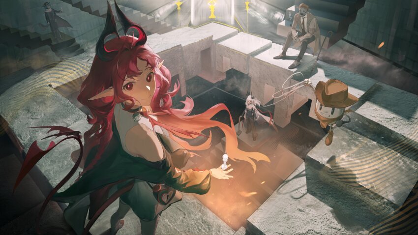 absurdres, arknights, bandana, black_jacket, black_pants, breasts, brown_hat, brown_jacket